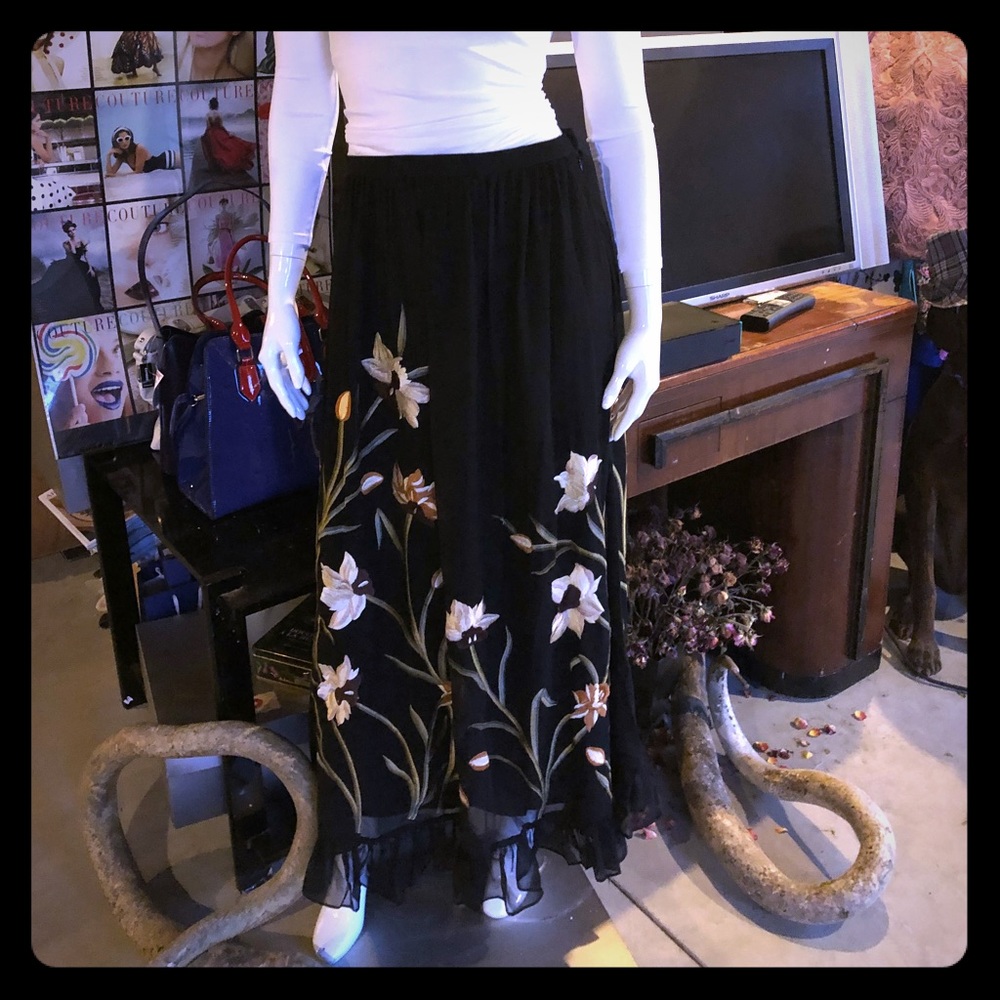 Anthropology silk embroidery skirt